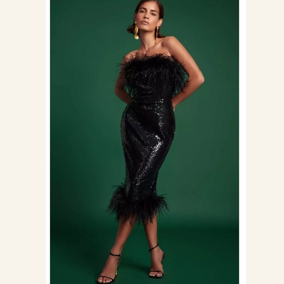 GORGEOUS NEW SEASON Lavish Alice Bandeau Dress with Feather Trim in Black Sequin - Picture 6 of 11
